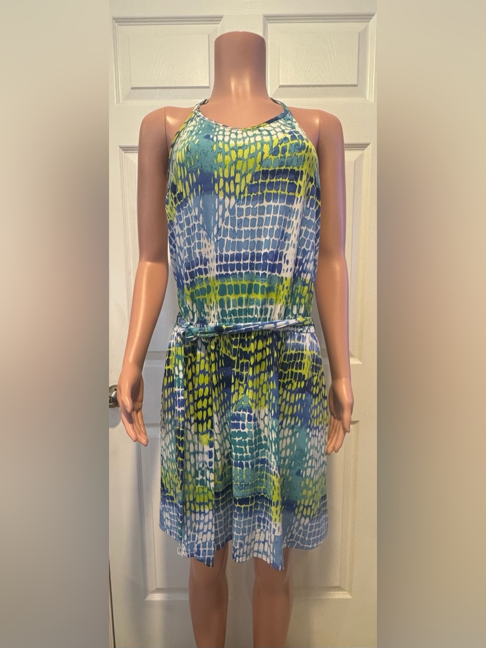 Michael Kors Women's Sleeveless Halter Printed Tie-Waist Dress in Blue & Green